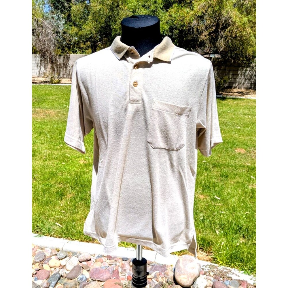 Travelsmith USA-Made Gorpcorp Vacation Men's Med Tan Polo Pocket S/S Shirt GUC